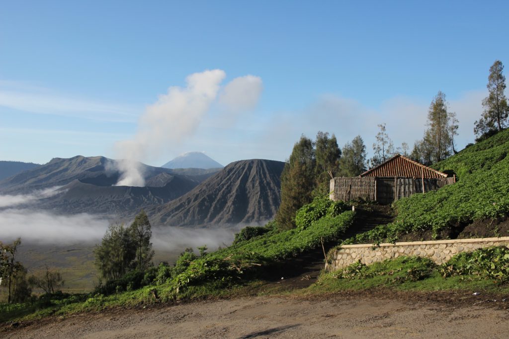 Mount Bromo behind a house, Indonesia