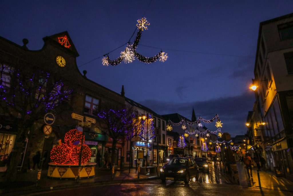 Christmas decorations at night in Killarney, Ireland