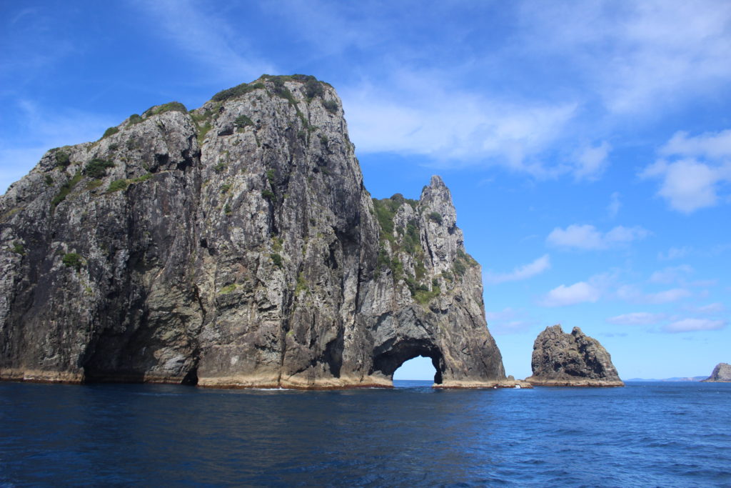 The Hole in the Rock, a natural sea arch in the Bay of Islands, New Zealand