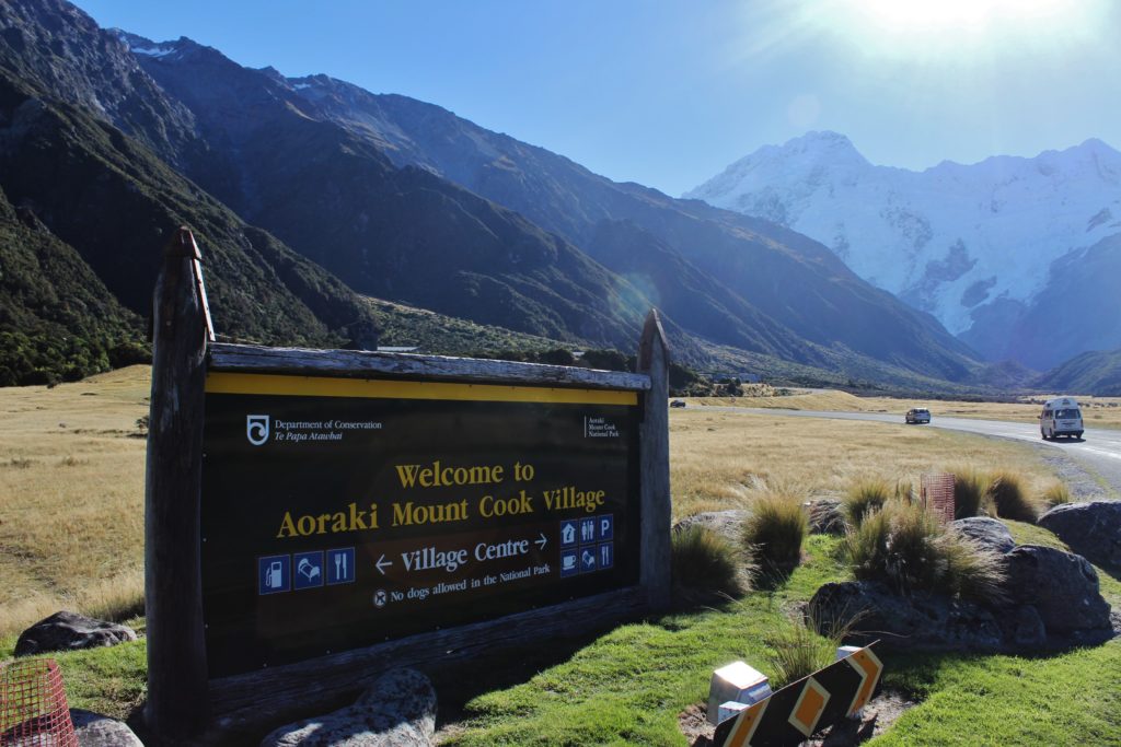 A welcome sign at Aoraki/Mount Cook, New Zealand