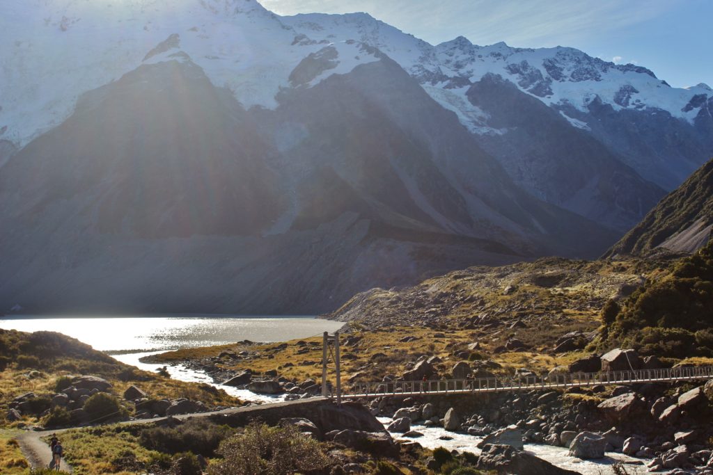 A suspension bridge on the Hooker Valley Track, one of the best thing things to during one day in Aoraki/Mount Cook, New Zealand