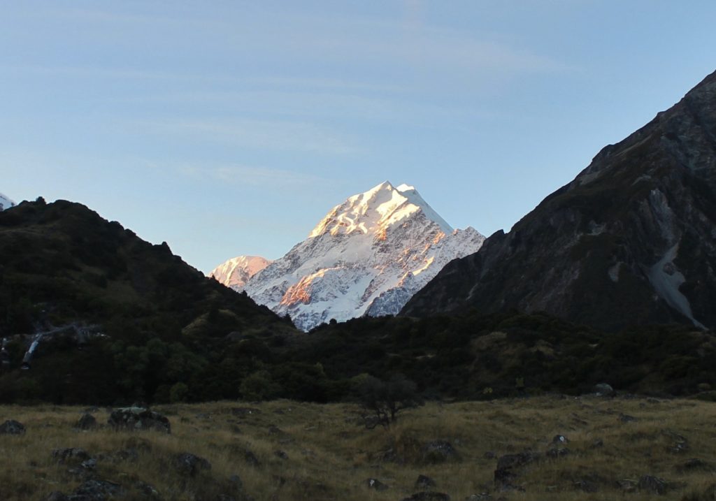 Sunset changing the colour on Aoraki/Mount Cook, New Zealand