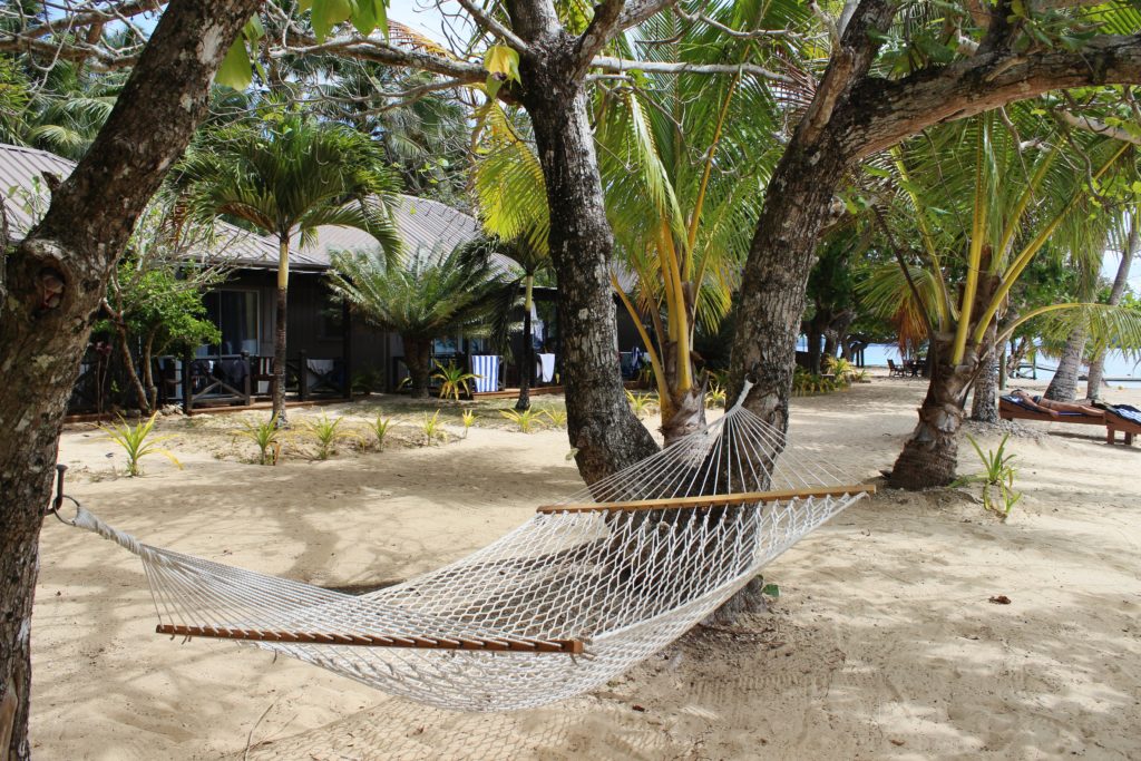 A hammock over white sand beach, Tonga