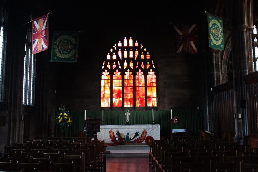 Stained glass window in the cathedral in Manchester, UK