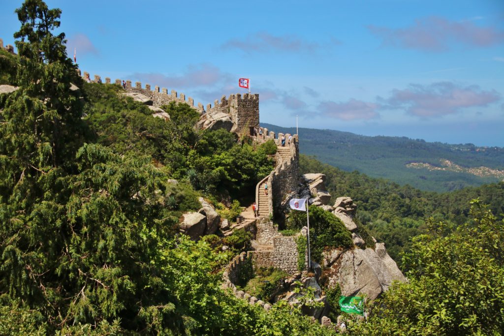 The meandering walls of the Moorish Castle in Sintra, Portugal