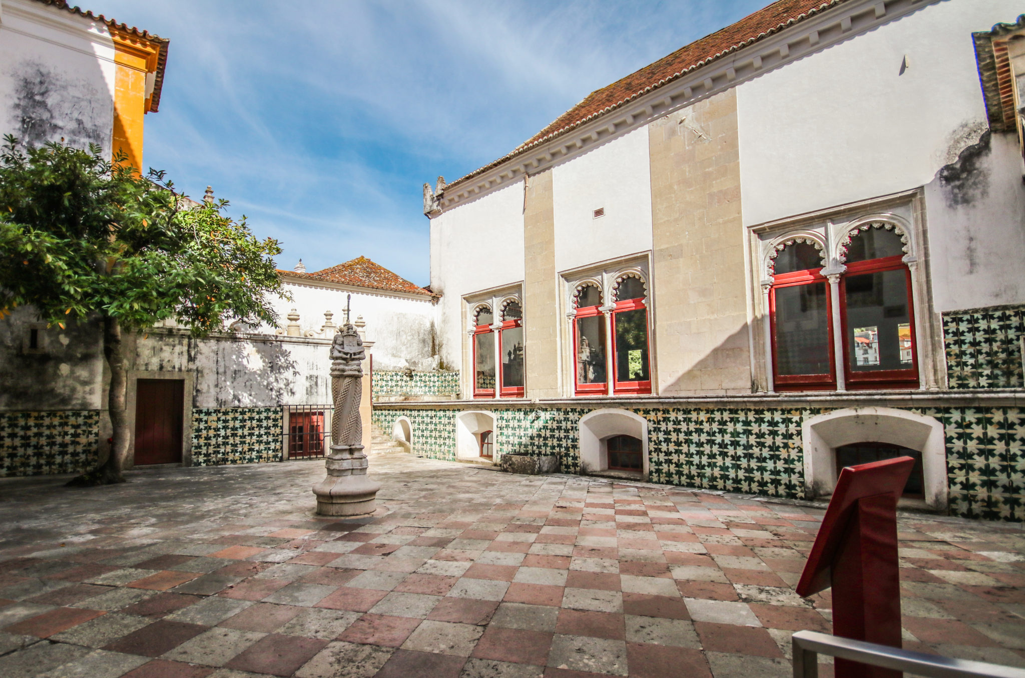 A Moorish-style courtyard in the middle of the National Palace in Sintra, Portugal