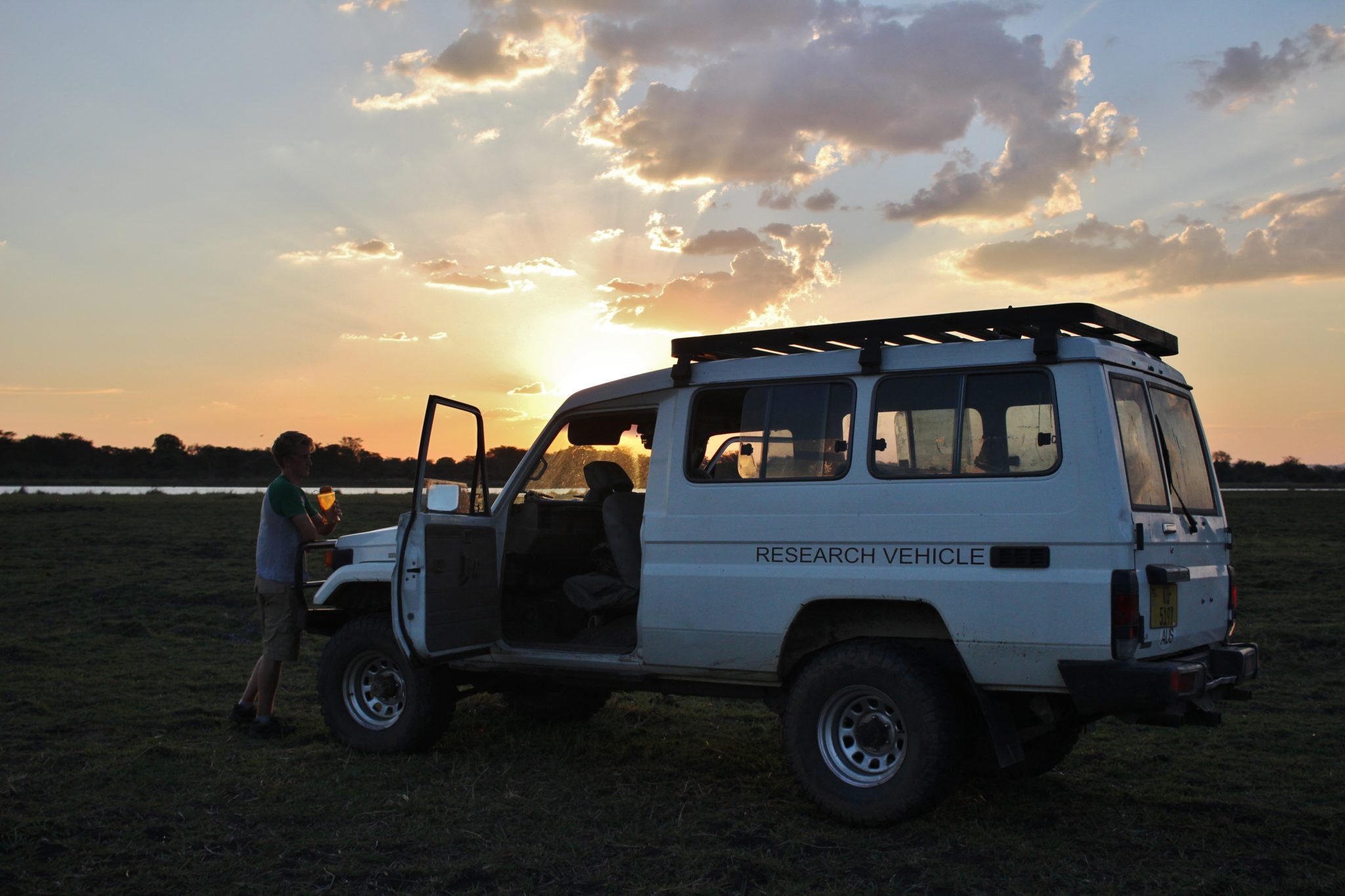 Sunset after a day of tracking hyenas in Liwonde National Park, Malawi