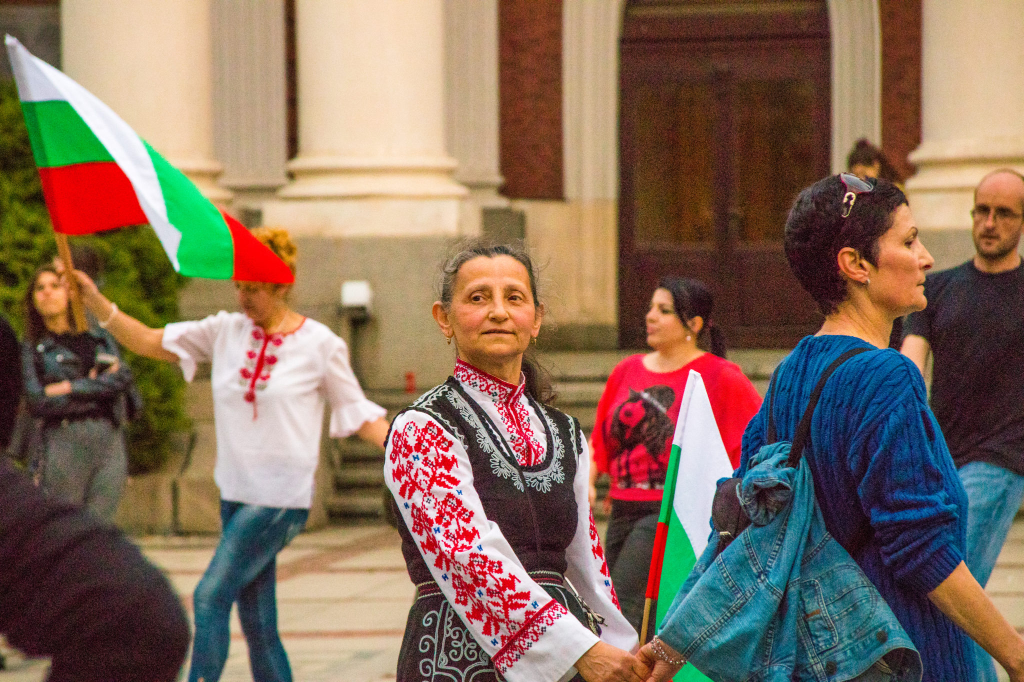 Traditional dancing outside the National Threatre in Sofia, Bulgaria