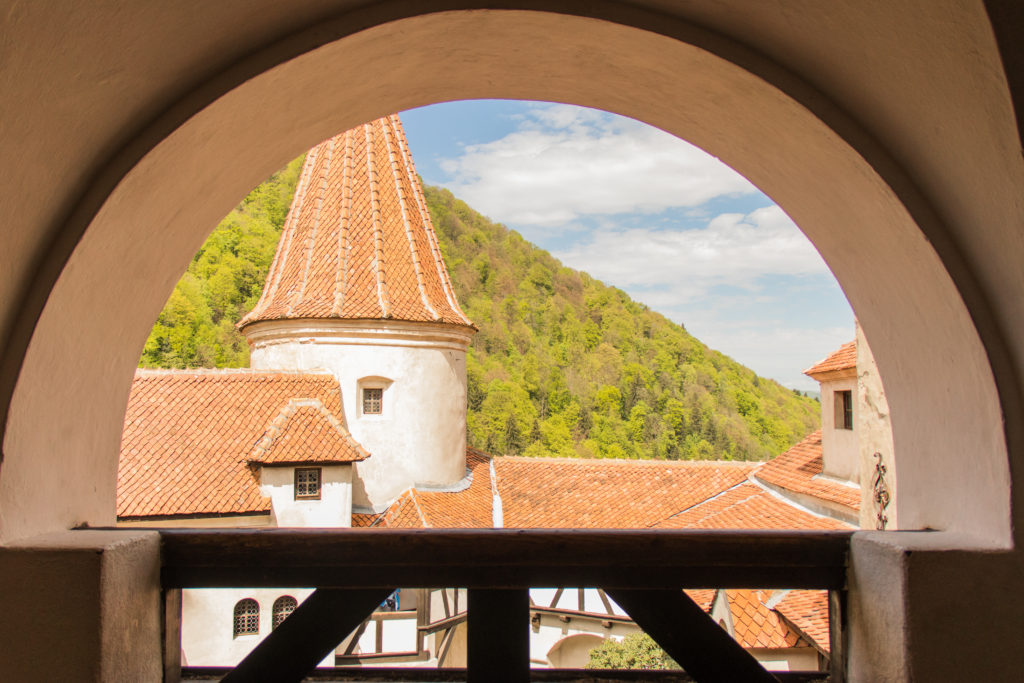 Looking out onto the courtyard of Bran Castle, Romania
