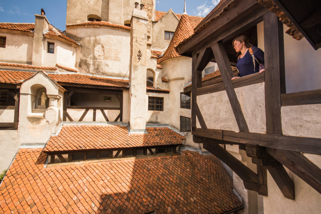 Admiring the courtyard of Bran Castle, Romania