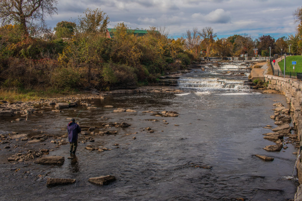 Fishing at the waterfalls in Napanee, Canada