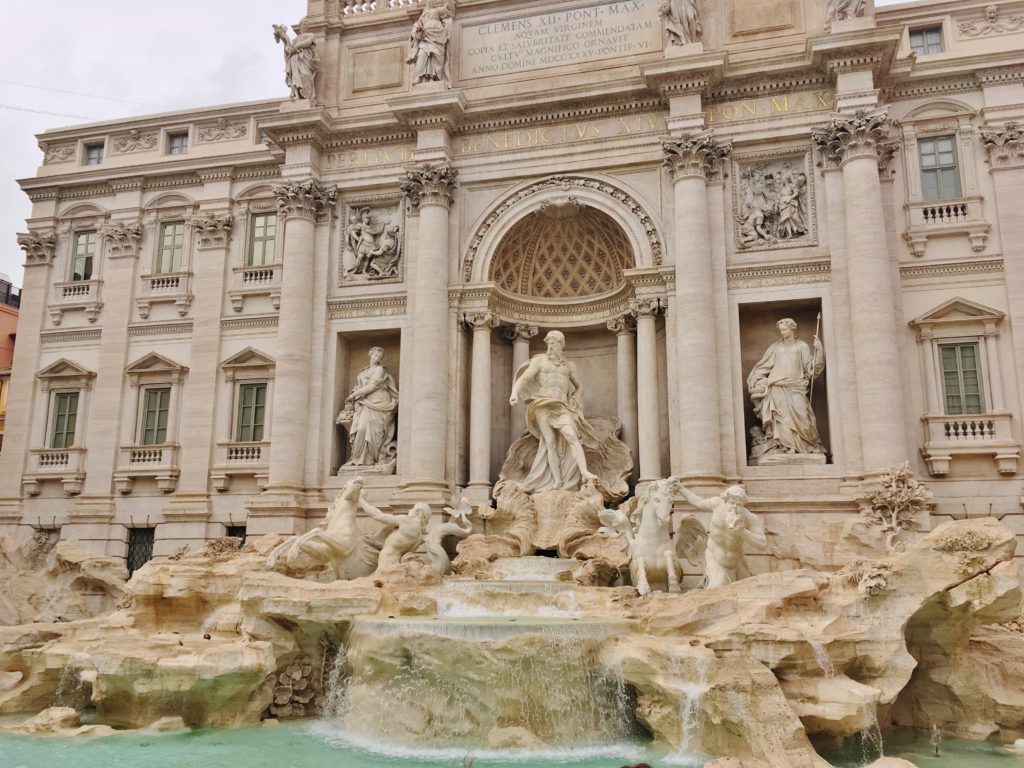 The beautiful facade of the Trevi Fountain in Rome, Italy