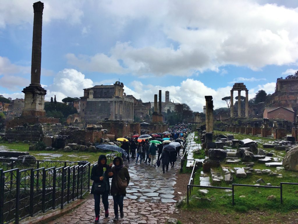 Umbrellas on a rainy day in the Roman Forum, Italy