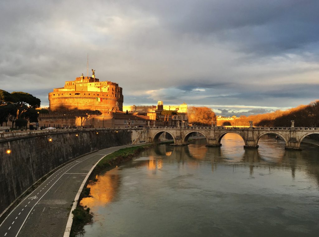 Sunset lights up Castel Sant' Angelo in Rome, Italy