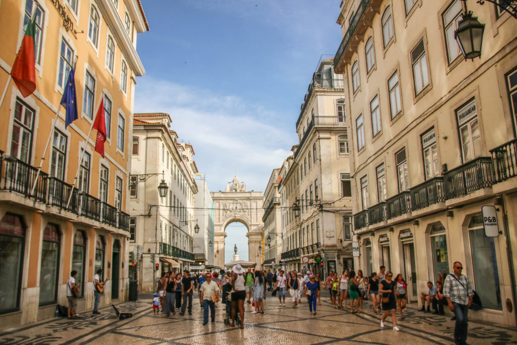 Walking down Rua Augusta in Lisbon, Portugal
