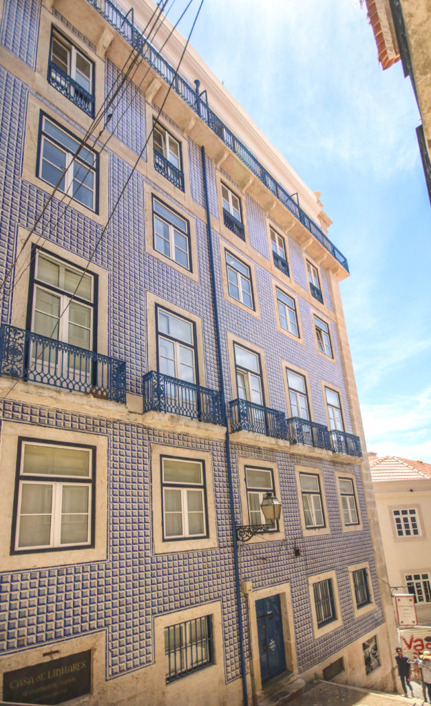 A house covered in the azulejo blue tiles of Portugal in Lisbon