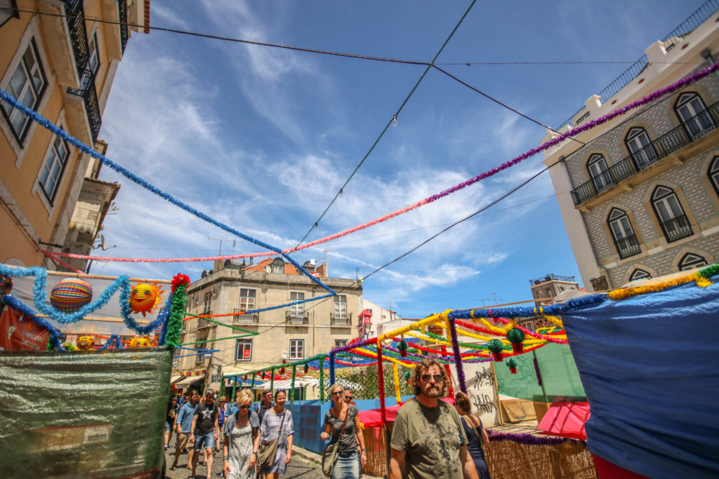 Colourful decorations in the Alfama neighbourhood of Lisbon, Portugal