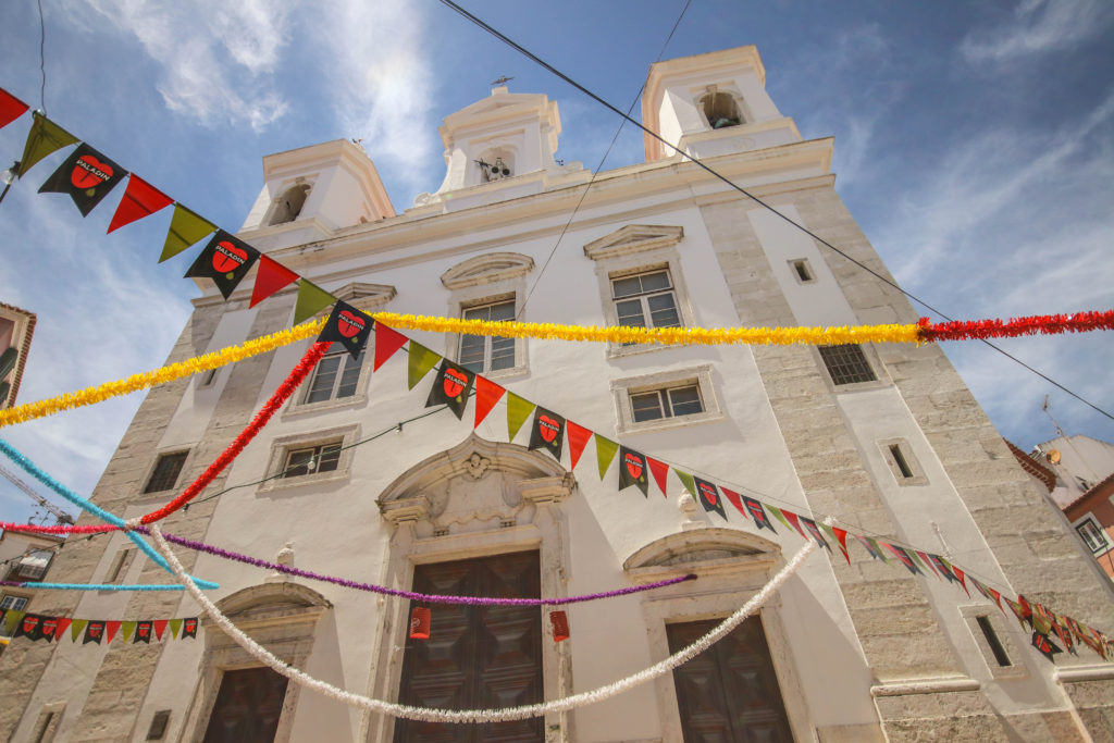 Decorations outside a church in the Alfama neighbourhood of Lisbon, Portugal