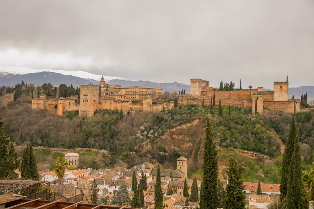 Looking across at the Alhambra from the Mirador de San Nicolas in the Albaicín neighbourhood of Granada, Spain. This is one of the best things to see in Granada.