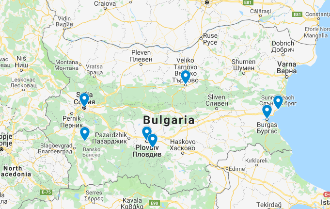 Map of Bulgaria with listed destinations on it.