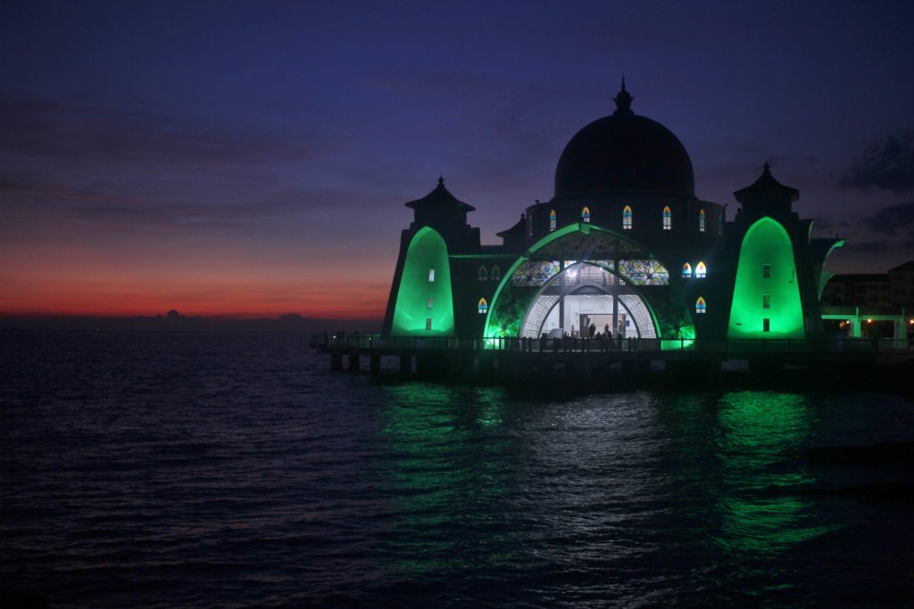 The lights of the Melaka Floating Mosque after the sun goes down