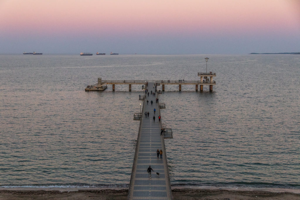 Sunset over the pier at Burgas, Bulgaria