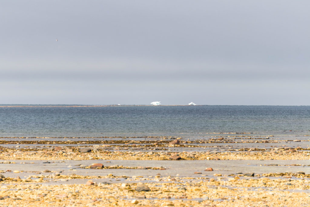 Icebergs sit on the horizon of Hudson Bay, Canada