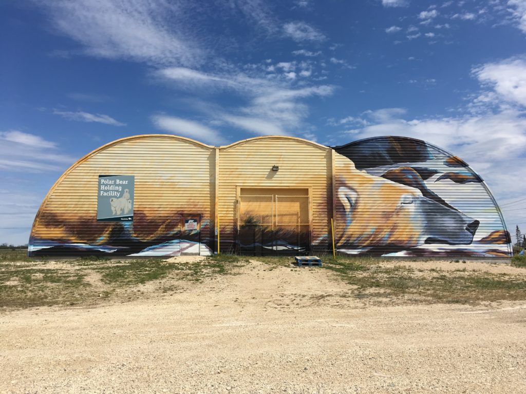 A large mural on the side of the polar bear jail in Churchill, Canada