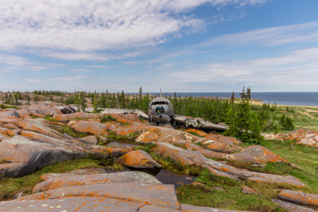 The wreck of the Miss Piggy plane on the shores of Hudson Bay, Canada