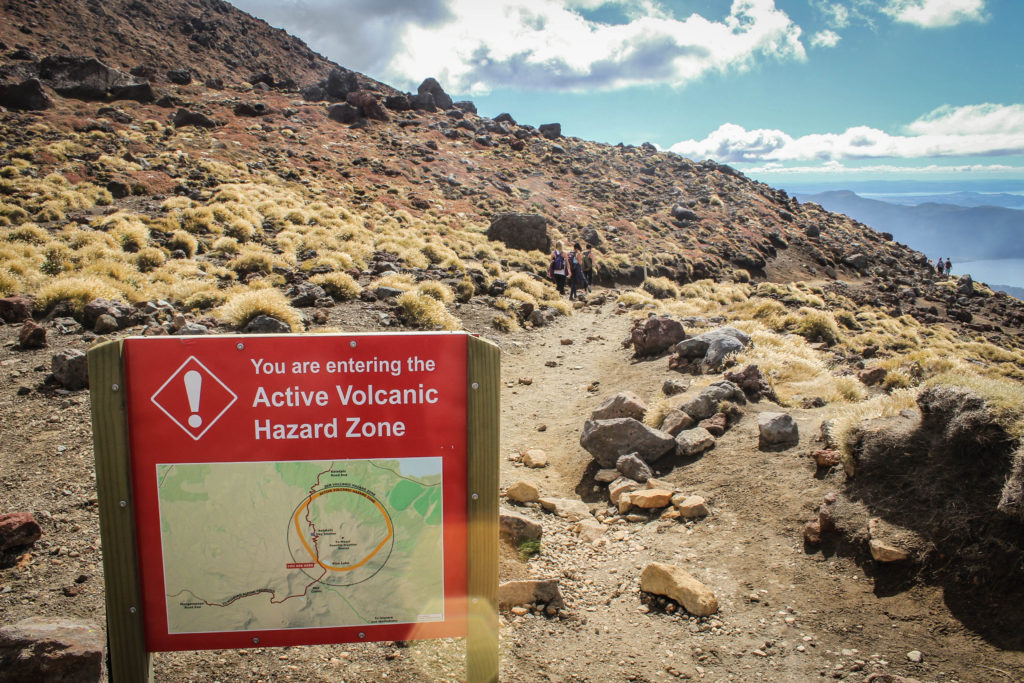 Entering an active volcanic hazard zone on the Tongariro Alpine Crossing