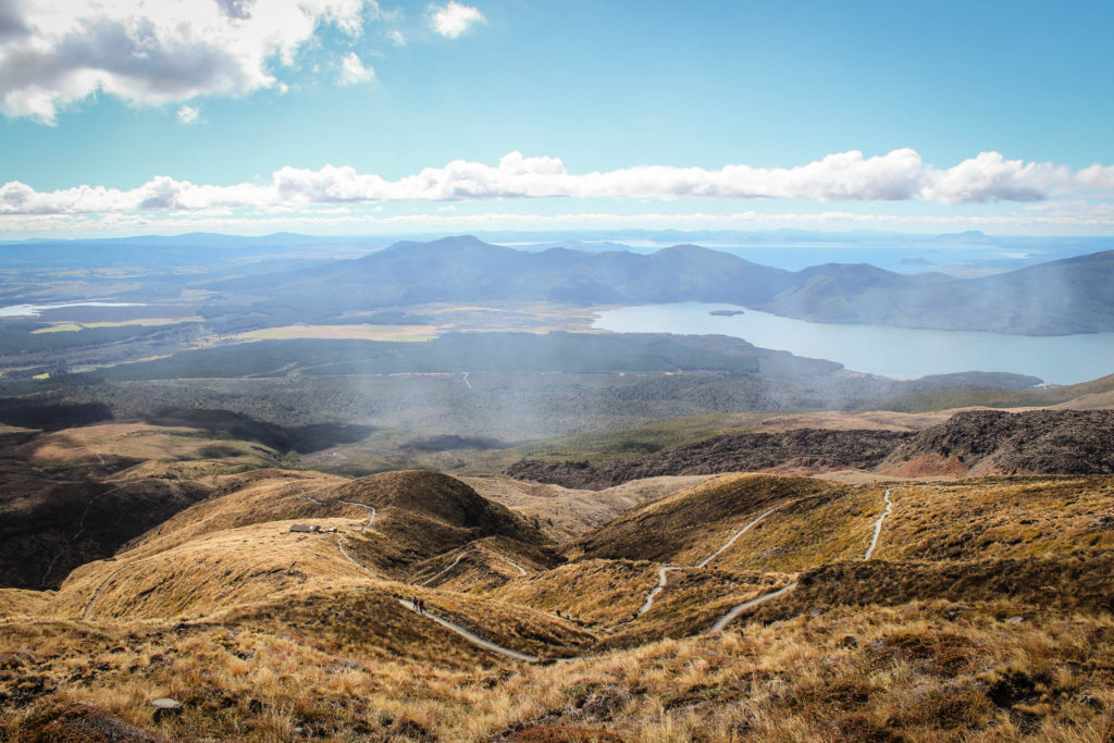 The winding path at the end of the Tongariro Alpine Crossing