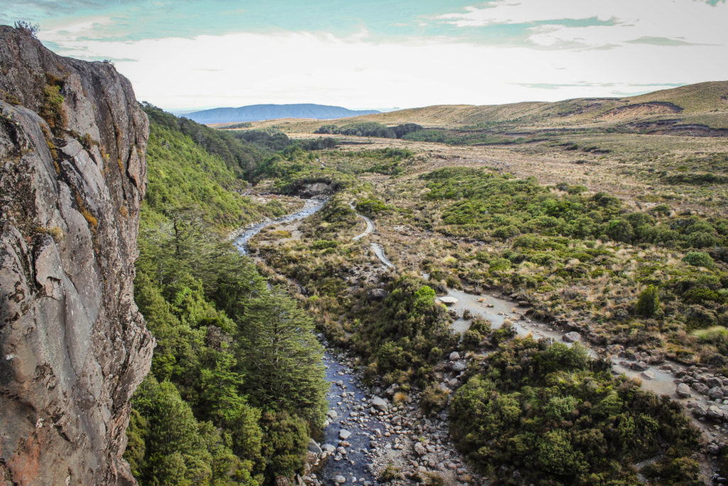 The view from the top of the Taranaki Falls in Tongariro National Park, New Zealand