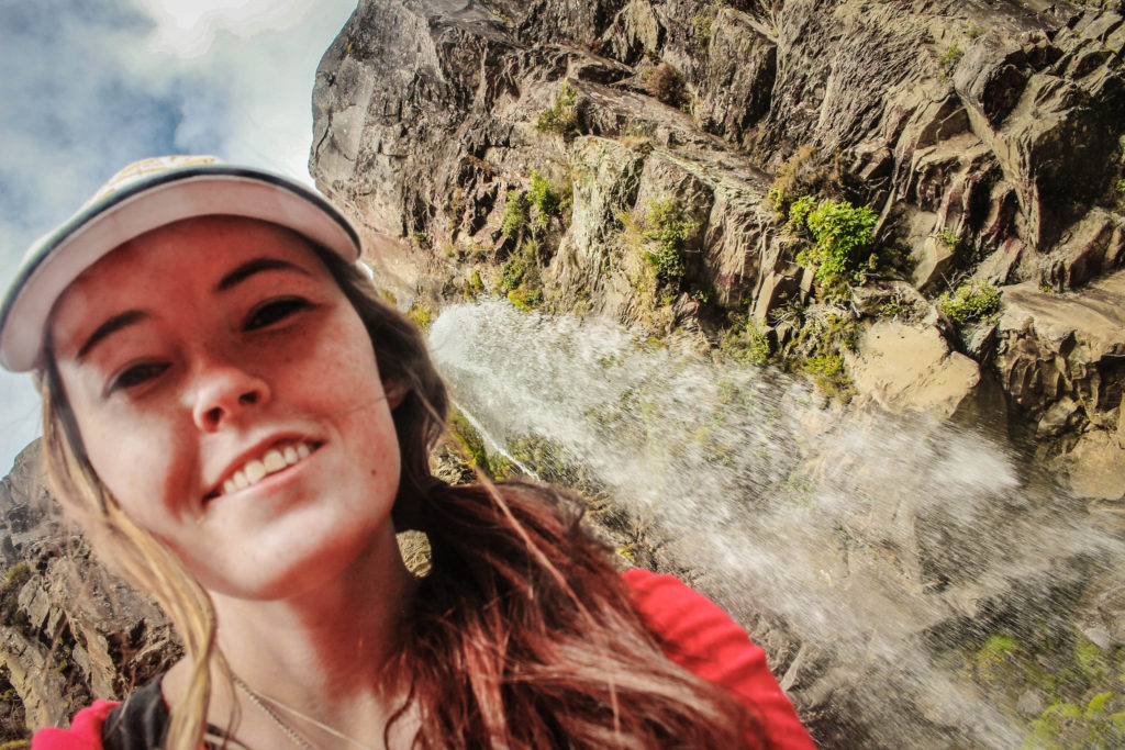 Enjoying the sights at the Taranaki Falls, New Zealand