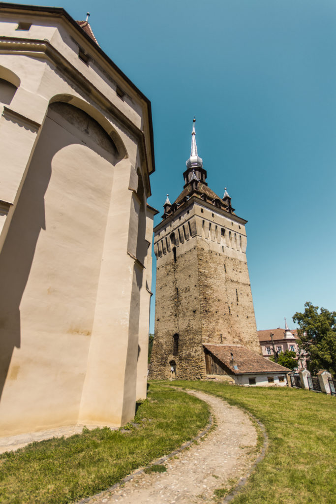 Tower at the fortified church in Saschiz, Romania