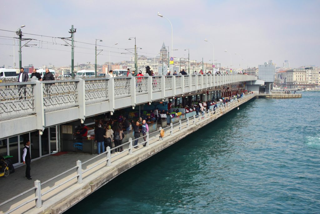 The double layered Galata Bridge in Istanbul