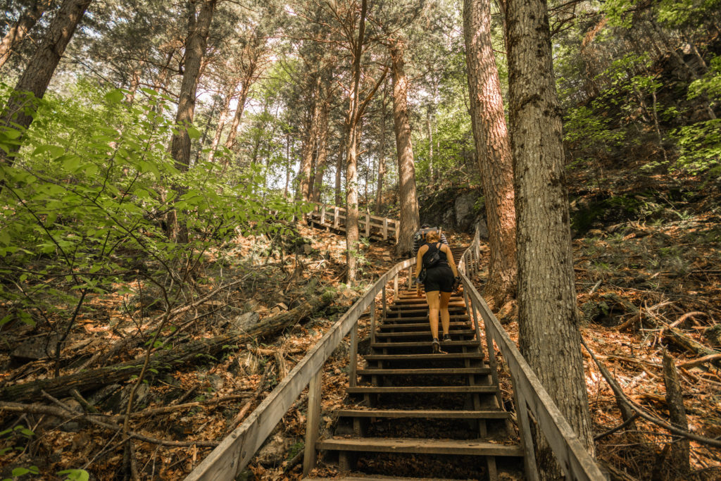 Hiking up stairs in Algonquin National Park, one of the best places in Ontario for day hikes