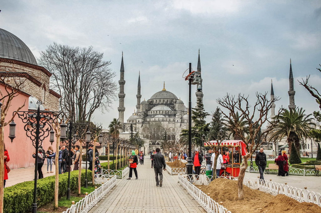 The Sultanahmet Square in Istanbul, Tukey, with the Blue Mosque in the background.
