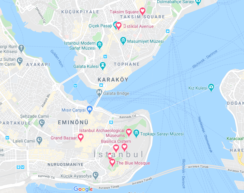 Google map of Istanbul with the main sights highlighted