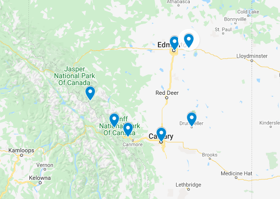 Map of Alberta showing the main destinations