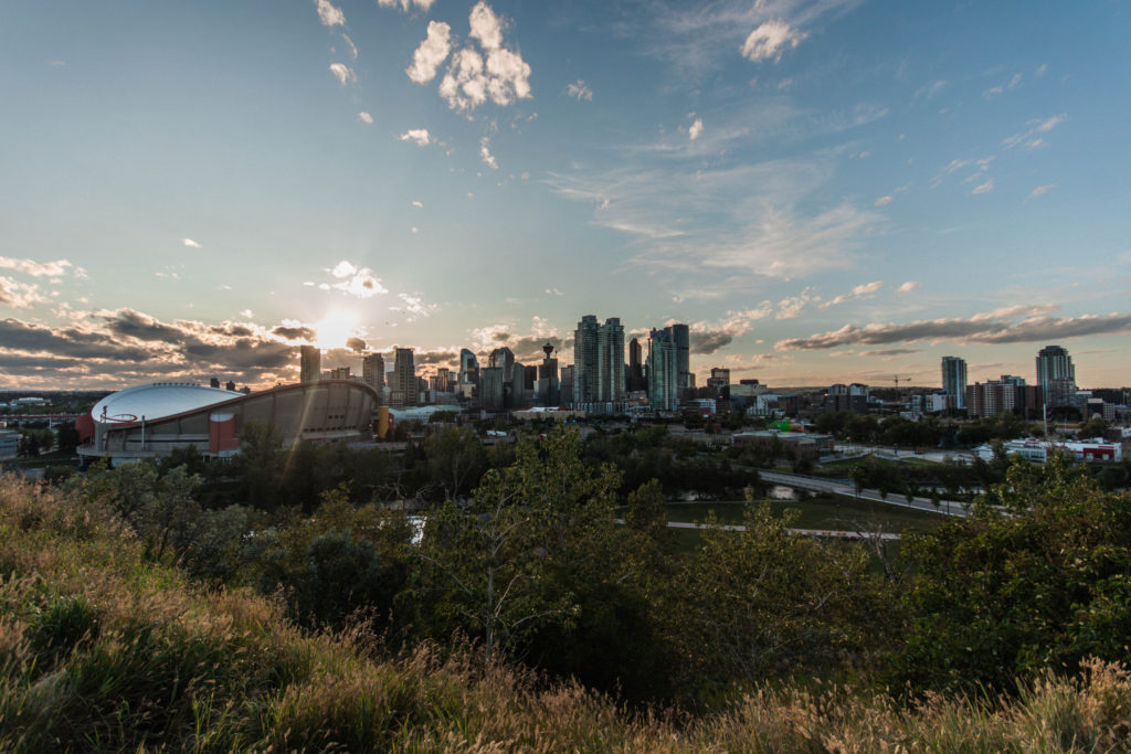 View over the skyline of Calgary, Alberta, at sunset