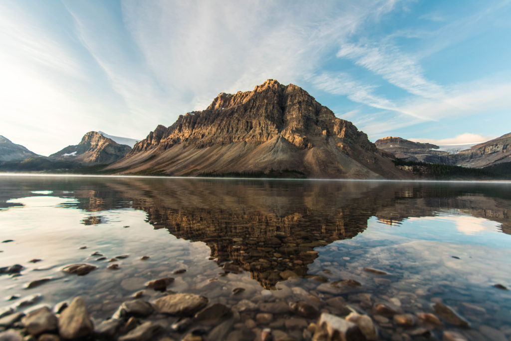 Beautiful reflections on Bow Lake, Alberta, Canada