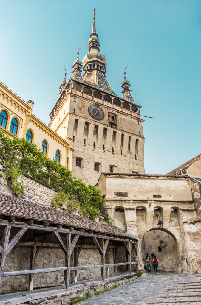 The historic Clock Tower over the main entrance to the Old Town of Sighisoara, Romania