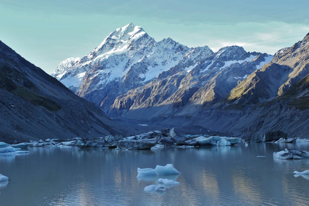 The iceberg-filled lake in front of Aoraki/Mount Cook
