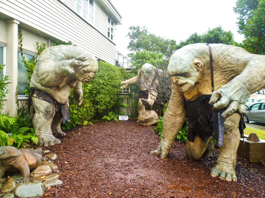 Troll statues outside the Weta Workshop, where the props for Lord of the Rings and other films are made.