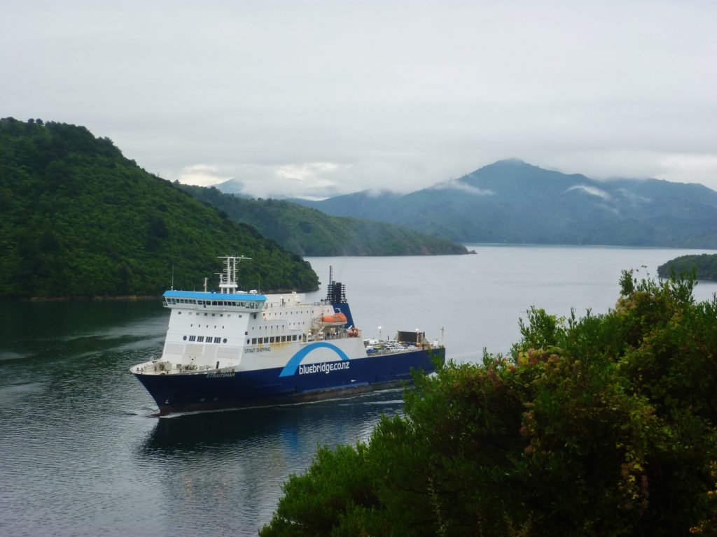 A ferry passes through the Marlborough Sound on the way to Picton, New Zealand