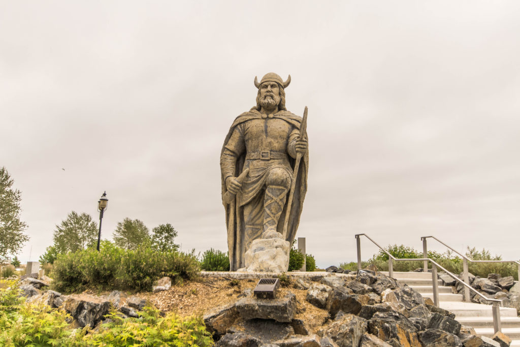 A tall Viking statue in Gimli, an Icelandic town in Manitoba