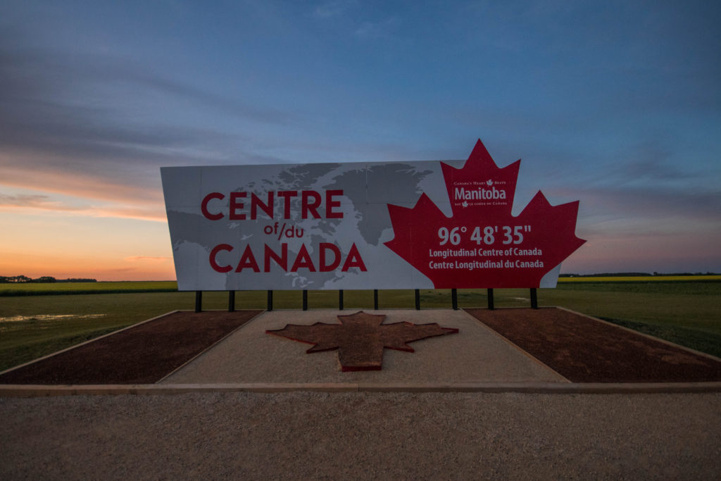 The large sign proclaiming the Longitudinal Centre of Canada in Manitoba