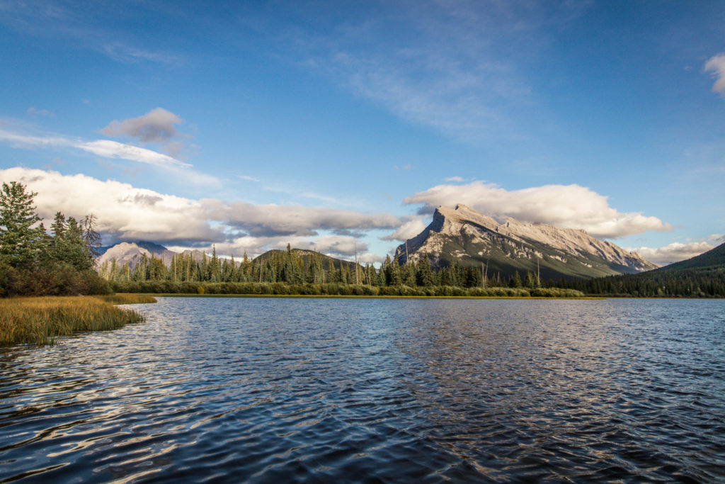 The easily-recognisable shape of Mount Rundle, seen from across the Vermillion Lakes in Banff National Park