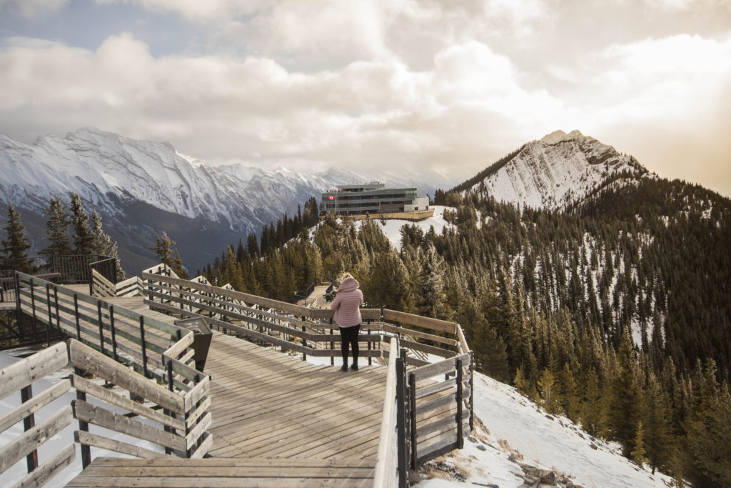 Walking along the boardwalk at the top of the Sulphur Mountain Gondola in Banff