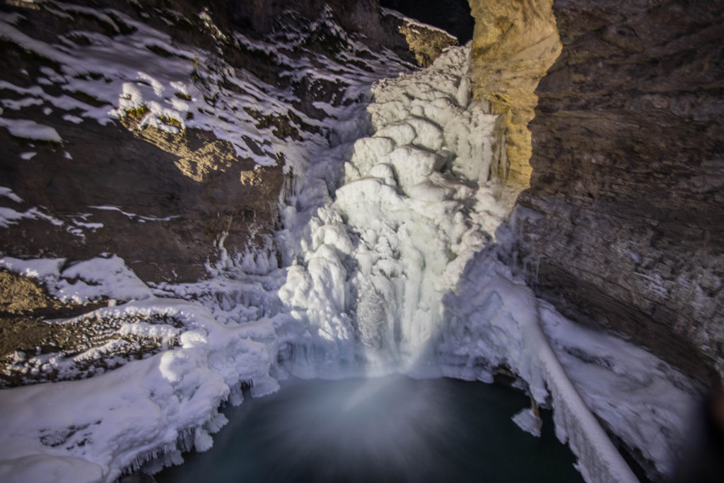 In winter the waterfalls in Johnston Canyon freeze over, leaving the Banff canyon quiet